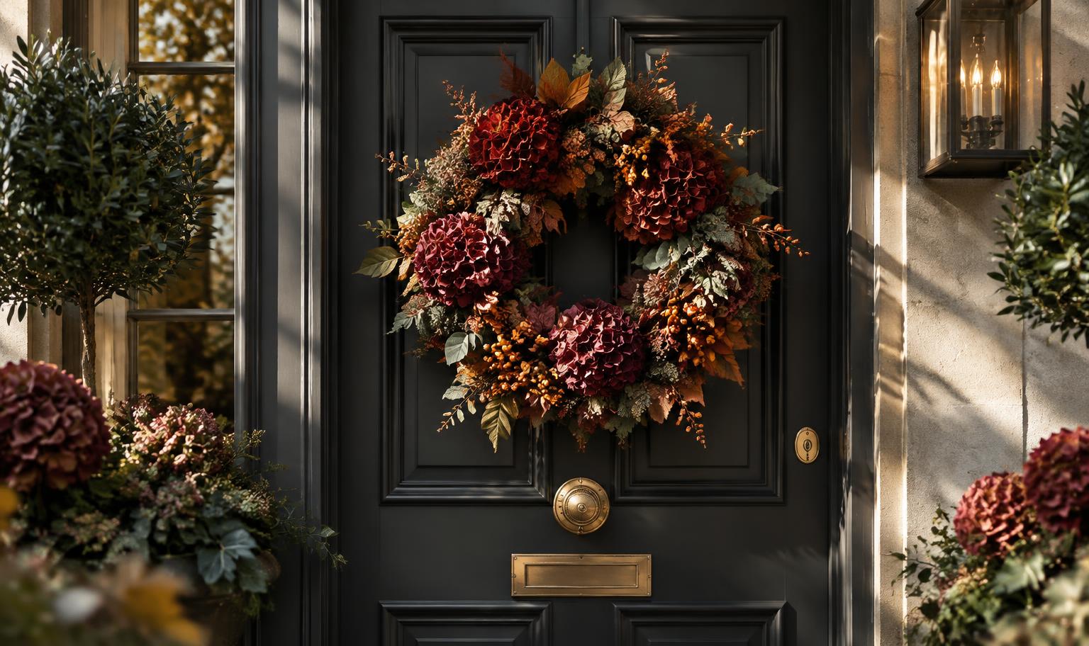 Rich autumn wreath on a charcoal front door