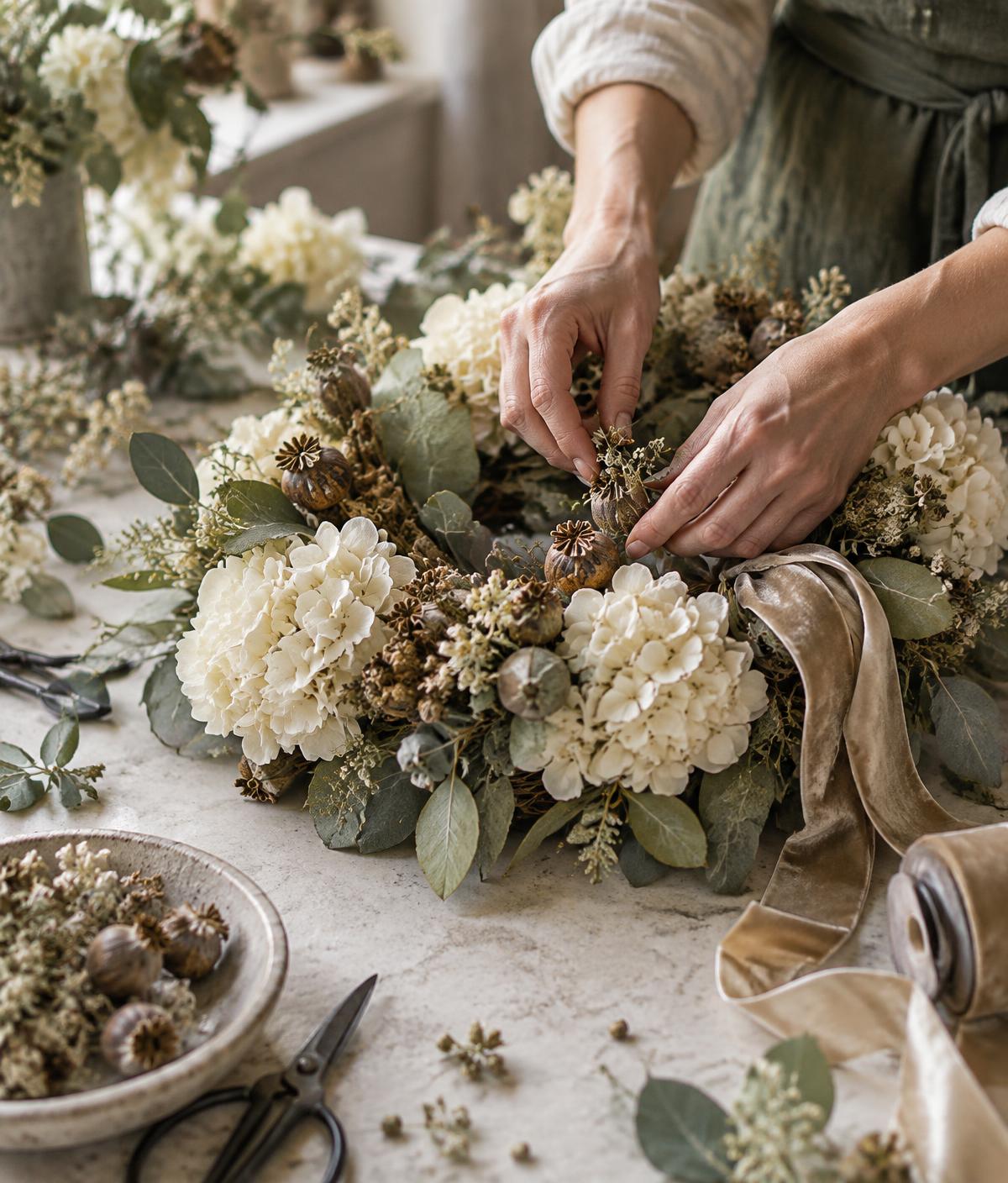 Artisan carefully arranging a handcrafted wreath
