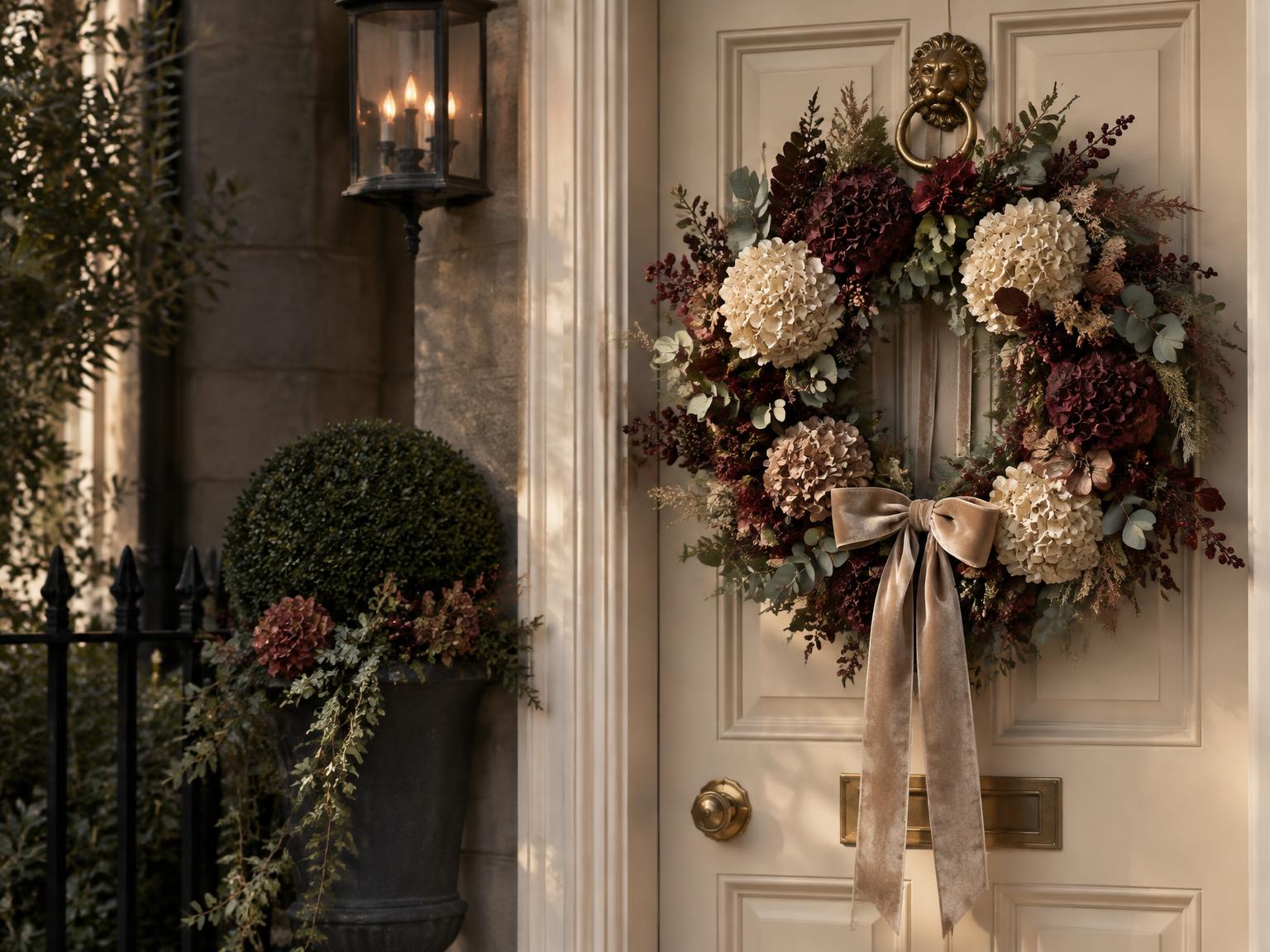 Luxury handmade hydrangea wreath on an elegant British front door